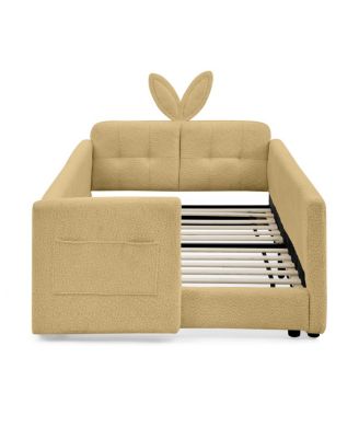 Twin Size Upholstered Platform Bed with Rabbit Ear Headboard & Safety Rail