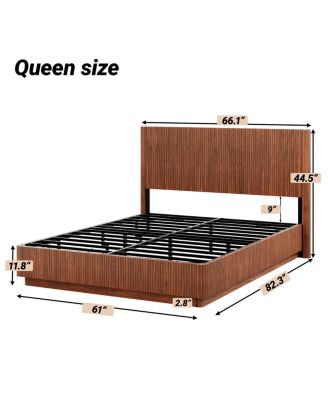 Queen Size Bed Frame with LED Lights, Modern Walnut Wood Design