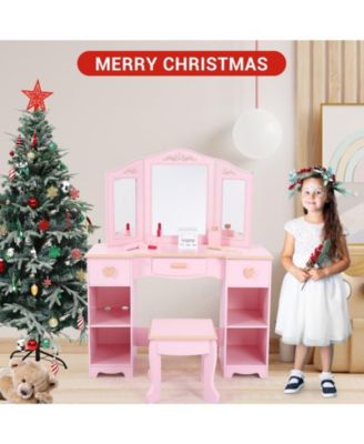 Kids Pretend Play Vanity Set with Tri-Fold Mirror and Stool
