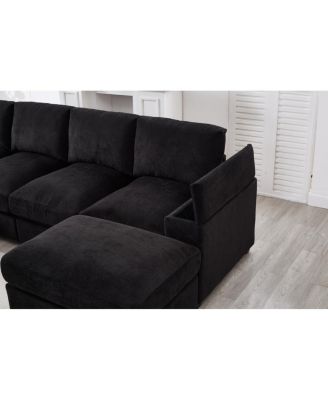 Streamdale Black 4-Seat Corduroy Sectional Sofa Couch with 2 Ottomans