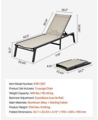 Foldable Outdoor Chaise Lounge Chair with 5 Positions, 400 lb Capacity
