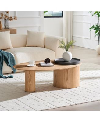 Modern Oval Coffee Table with Ash Veneer, Sophisticated Center Table for Living Room