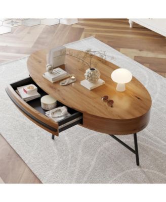  Mid-Century Modern Oval Coffee Table with Drawer and Cross Metal Legs