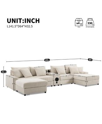 Corduroy U-Shaped Sectional Sofa with Bluetooth, USB, Cup Holders & Storage