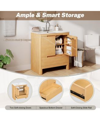 30" Modern Natural Bathroom Vanity with Ceramic Sink, Soft-Close Doors, Bottom Drawer Storage, Freestanding Cabinet