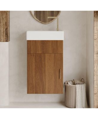 17.6" Small Floating Bathroom Vanity with Ceramic Sink, Walnut Wall Mounted Soft-Close Cabinet for Small Bathroom