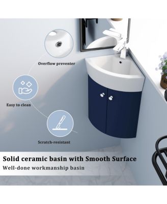 Corner Bathroom Vanity with Sink, Wall Mounted Ceramic Basin, Soft Closing Doors, Pre-assembled for Small Spaces