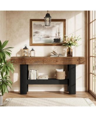 2-Tier Solid Wood Black Console Table for Entryway, Long Narrow Sofa Table Behind Couch