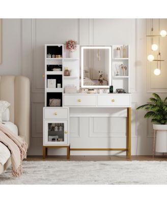 Modern Makeup Vanity Set with 3-Mode Lighted Mirror, Stool, 3 Drawers and Cabinet