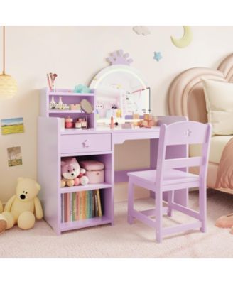 Kids Vanity Set with Lighted Mirror, Chair, Drawer and Open Storage Shelves