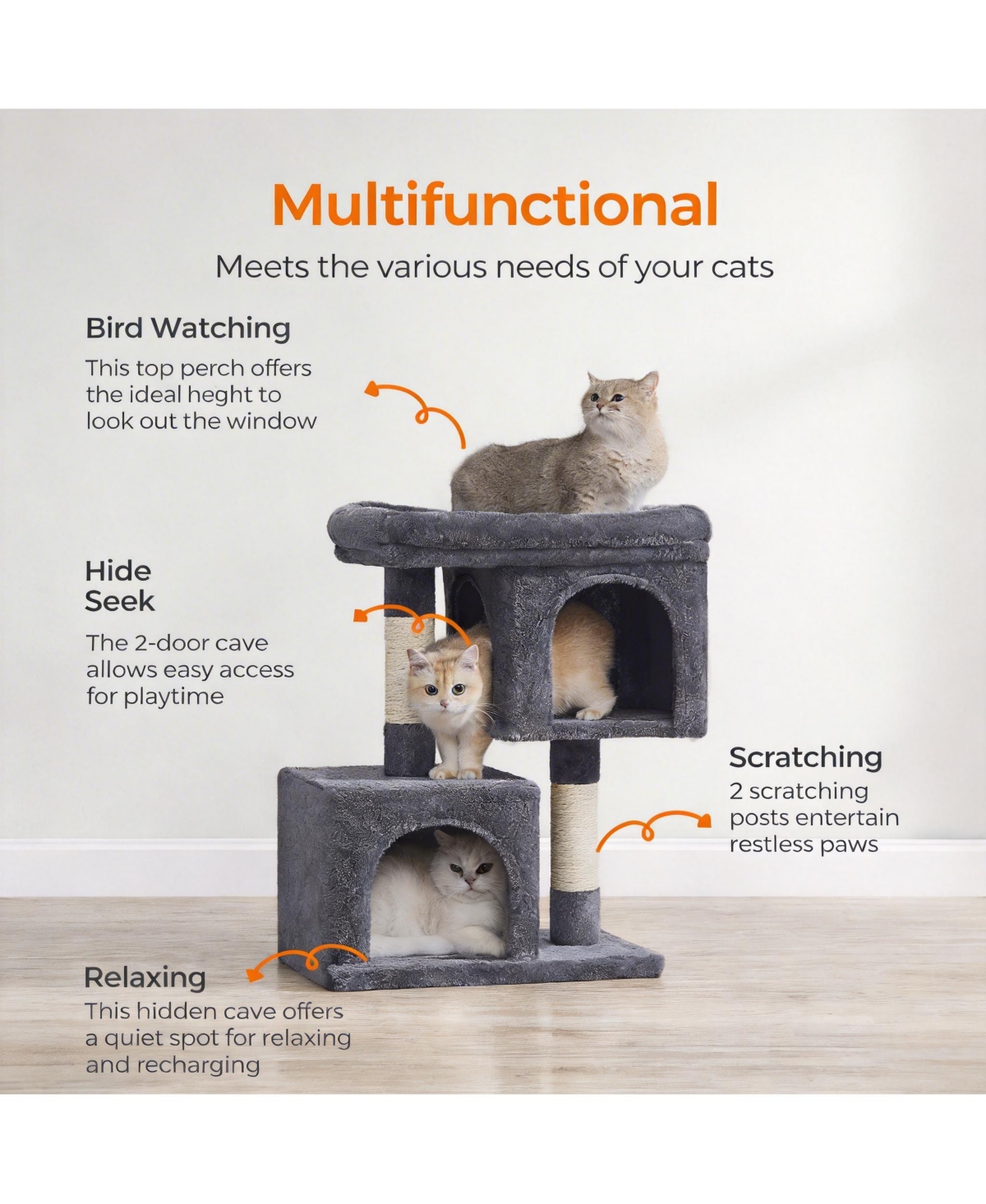 Aronkl 33.1-inch Cat Tree Tower with Large Perch 2 Caves Scratching Posts Sturdy Stable