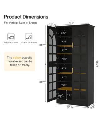 68.94" Tall Shoe Cabinet with Doors and Led Lights, 8-Tier Wooden Shoe Rack Organizer with Adjustable Shelves