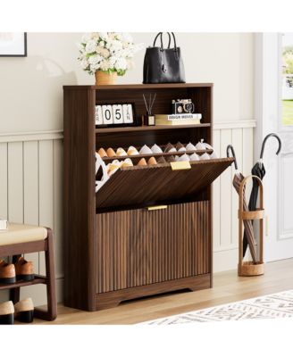 Shoes Storage Cabinet with 2 Flip Drawers, Tall Free Standing Shoe Organizer Rack