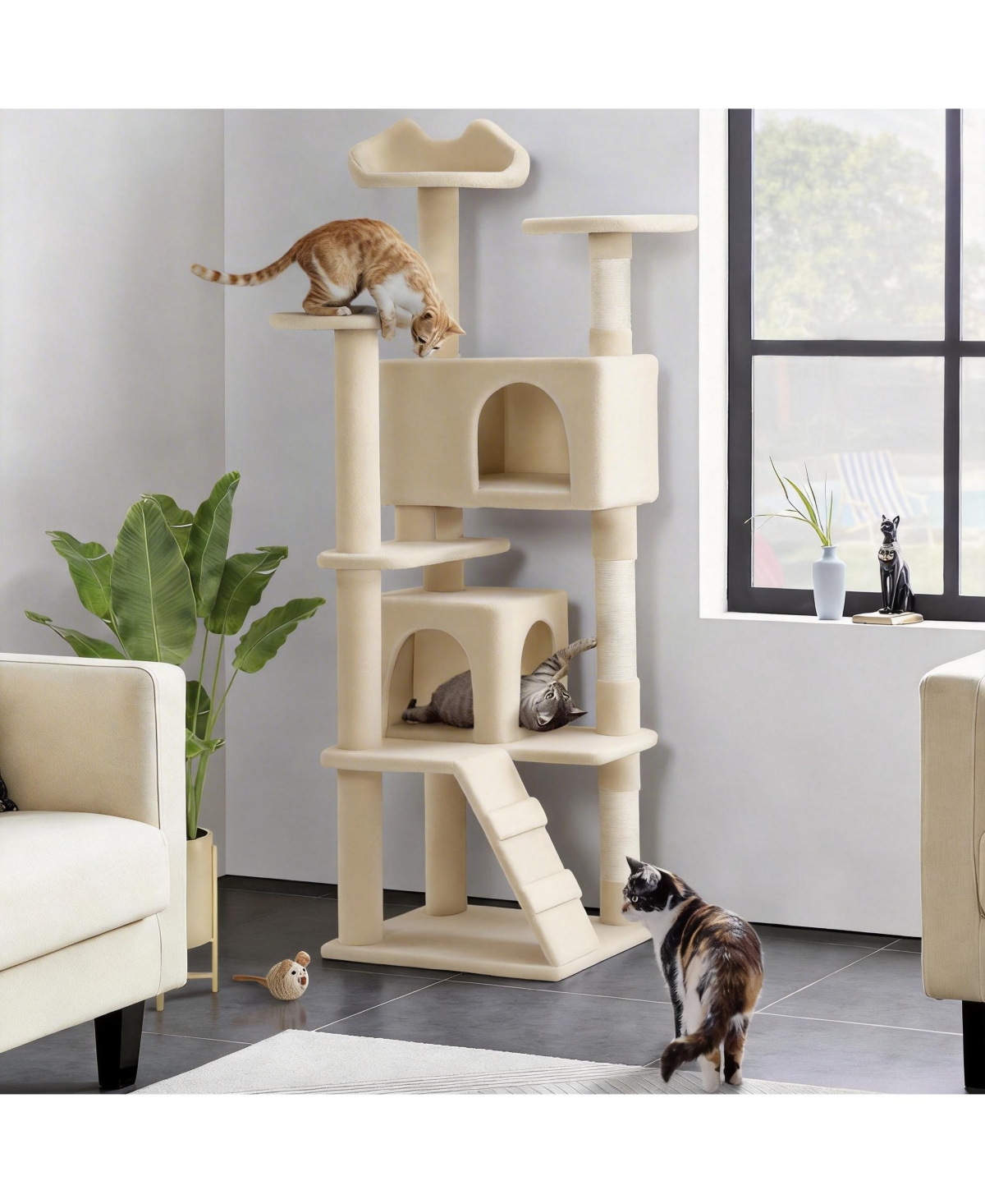Aronkl Multi-level Cat Tree Tower with Cat-ear Perch 2 Caves Sisal Posts Climbing Ladder Replaceable Balls Pet Activity Center