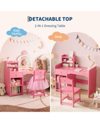 Kids Vanity Set with Lighted Mirror, Chair, Drawer and Open Storage Shelves