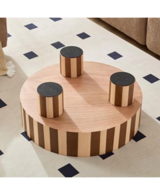 Round Wood Coffee Table with Oak Veneer, Striped Finish for Living Room Accent