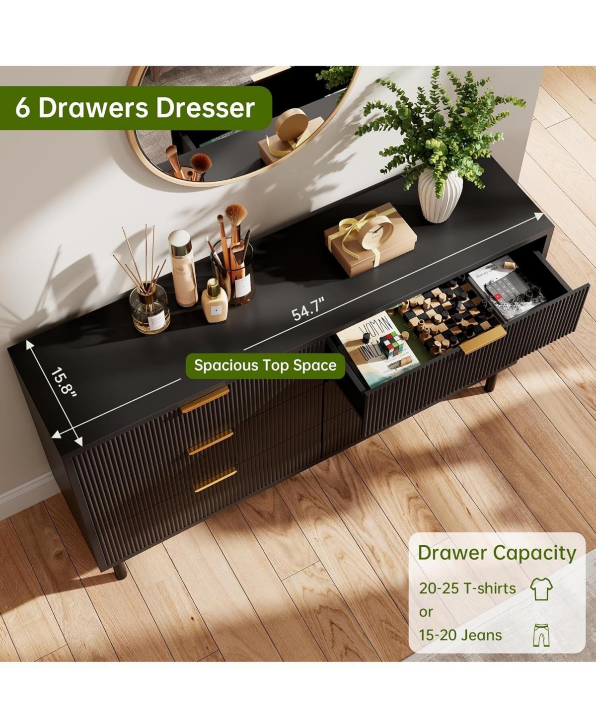 gaomon 6 Drawer Wave Fluted Dresser, Wide Modern Wood Chest with Metal Legs and Handles
