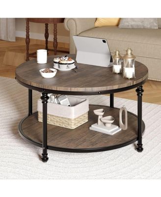 Round Rustic 2-Tier Wood Coffee Table with Metal Legs and Storage Shelf
