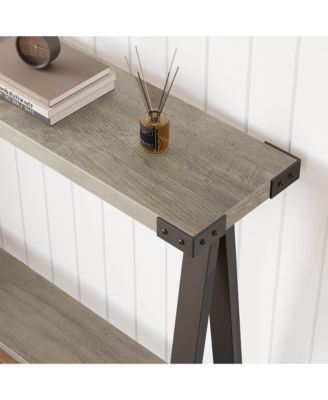 Narrow Farmhouse Console Table with V-Shaped Metal Legs and Open Shelf