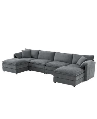 136" Chenille Modular Sectional Sofa with Deep Seat & Movable Ottoman