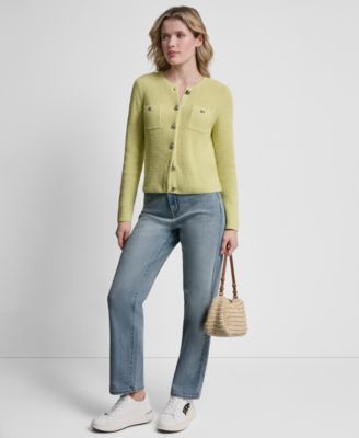Women's Long-Sleeve Tuck Stitch Crewneck Cardigan