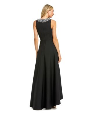 Petite Crepe Embellished Neck High Low Gown