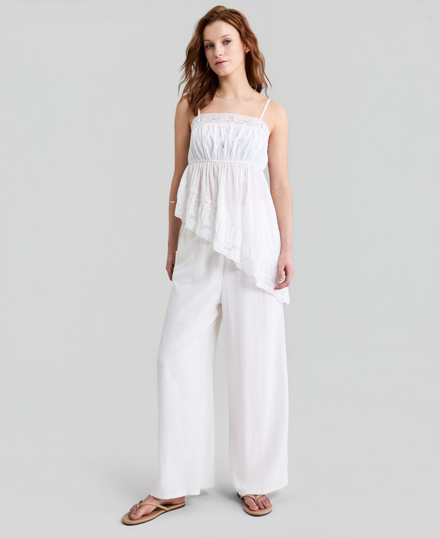 Petite Asymmetrical Lace Trim Pull-On Top