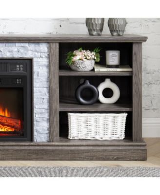 Large TV Desk Storage Rack with Faux Stacked Stone Surround, Media Console Table with Large Storage Cabinet, Modern TV Stand with 23" Fireplace Insert, GREY, 70.12" W15.35" D25.83" H