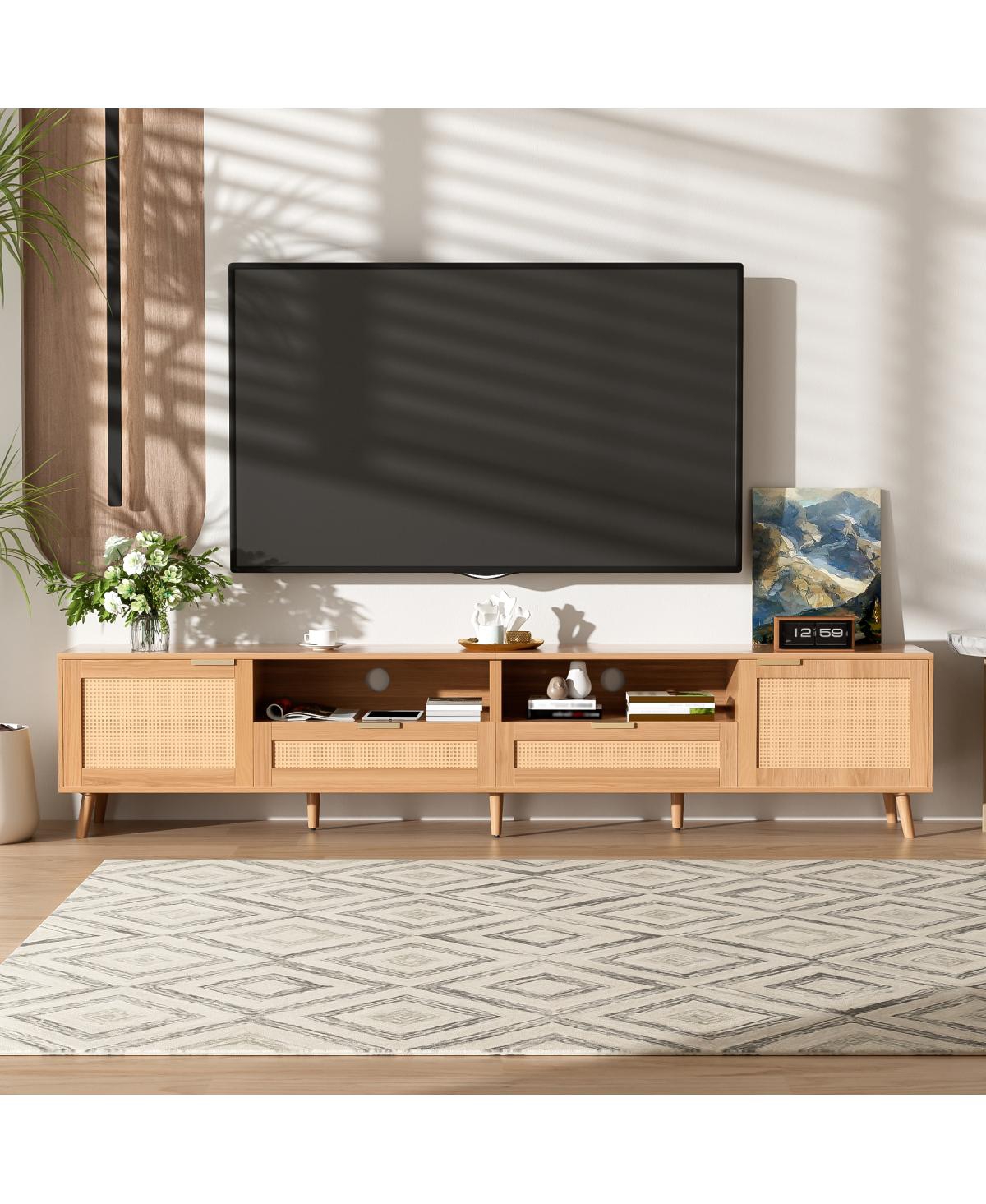 Streamdale Furniture Rattan Tv Stand for TVs up to 90", Modern Farmhouse Media Console - Wood