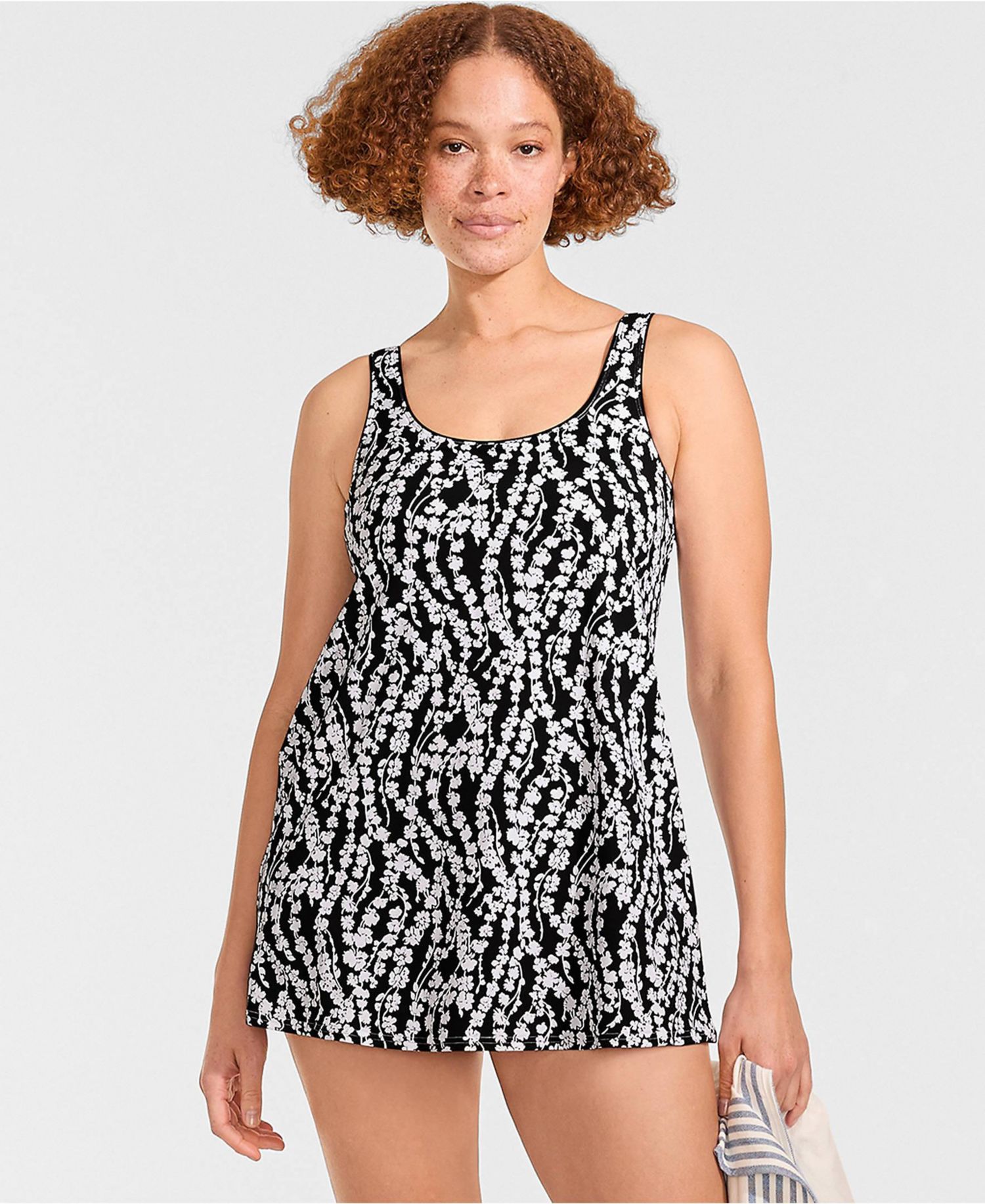 Women's Long Torso Scoop Neck Mini Swim Dress Swimsuit