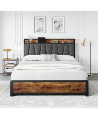 Queen Bed Frame With Storage Linen Upholstered Headboard 4 Drawers Charging Station