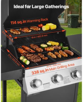 3-Burner Propane Gas Grill with 338 Sq. In. Cooking Area, 36,000 BTU, Foldable Side Shelves