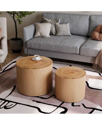 Nesting Coffee Table Set of 2, Modern Round Wooden Accent Tables for Small Spaces