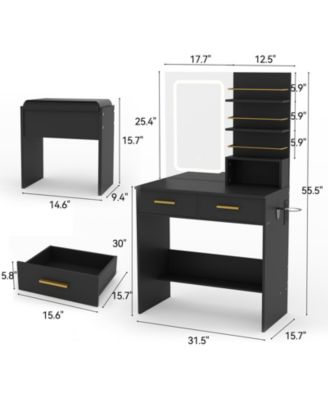Makeup Vanity Set with Lighted Mirror, Chair, Drawers, Open Cabinet and Charging Station