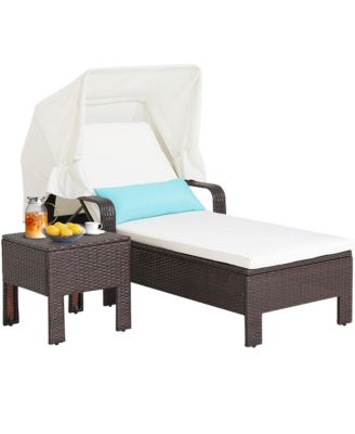 2 Pieces Rattan Lounge Chair Chaise w/ Side Table Folding Canopy Cushion Pillow Patio