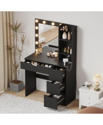 Modern Makeup Vanity Desk with Mirror, 4 Drawers, 3-Tier Storage and Power Outlet