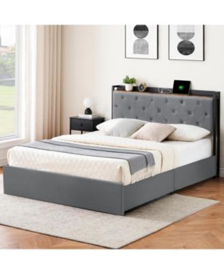 Bed Frame With Headboard and 4 Drawers Velvet Upholstered Frame With Charging Station Quiet Easy To Assemble