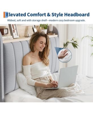 Bed Frame Upholstered With Storage Headboard Drawers Charging Platform Bed Wooden Slats