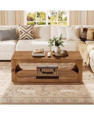 Solid Wood Coffee Table, 47.2" Farmhouse Wooden Center Tables, 2-Tier Rectangular Cocktail Tea Table