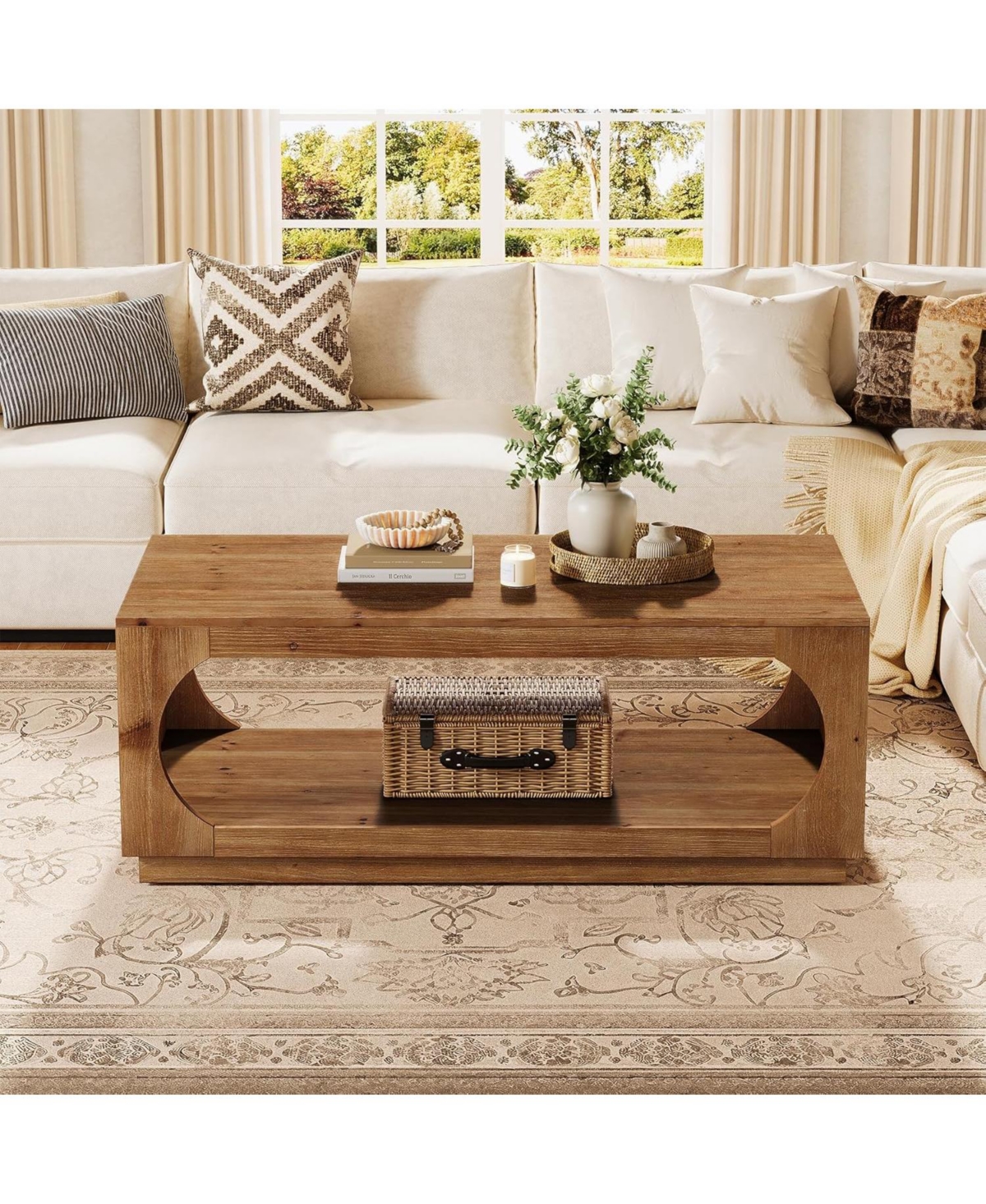 Tribesigns Solid Wood Coffee Table, 47.2" Farmhouse Wooden Center Tables, 2-Tier Rectangular Cocktail Tea Table