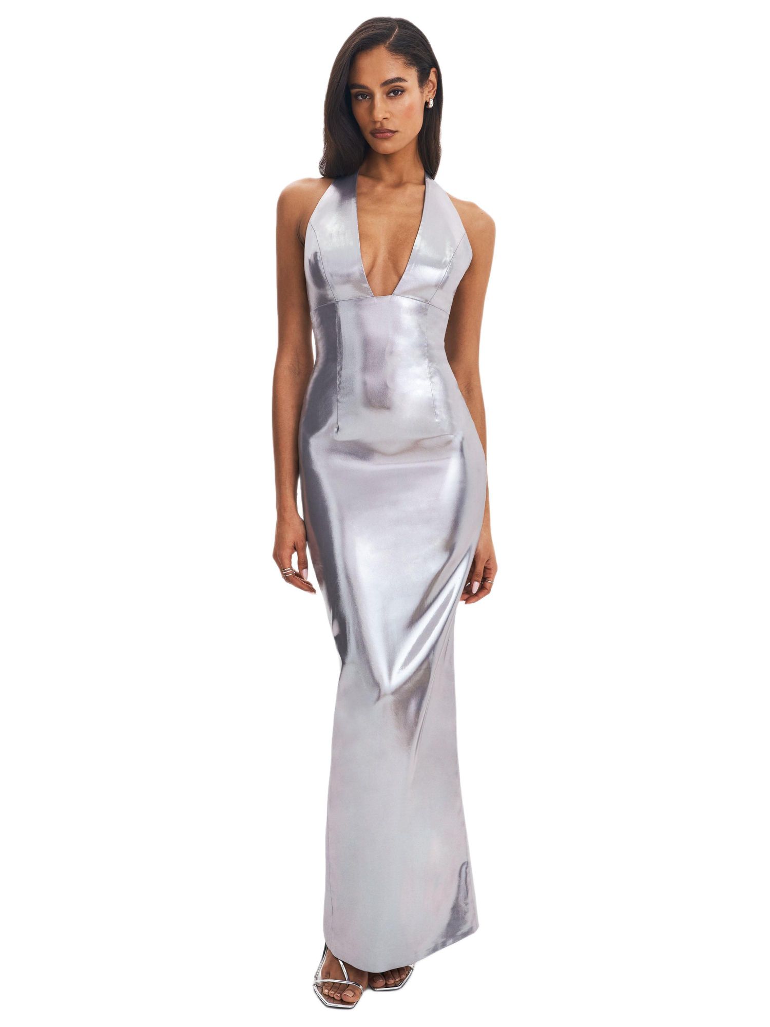 Women's Valeska Silver Foil Plunging Sheath Maxi Dress