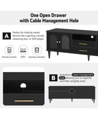  68.9" Retro TV Stand - Fluted Glass Doors, Wood Legs