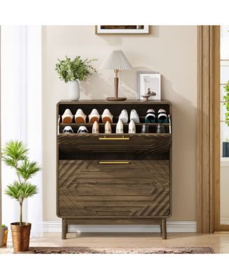 Shoe Storage Cabinet - Wood Shoe Organizer Rack with 2 Flip Drawers and Adjustable Panels for Entryway, Hallway and Foyer