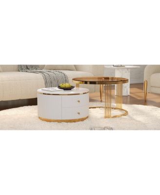 Modern 2-Piece Round Nesting Coffee Table with Drawers & Glass Top