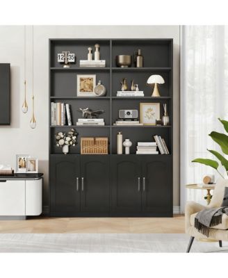 Bookshelf with Doors 6 Tier Double Wide Tall Storage Cabinet Open Display Shelves