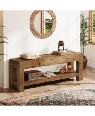 47.24" Solid Wood Entryway Bench, 2-Tier Narrow Rustic Wooden Shoe Bench