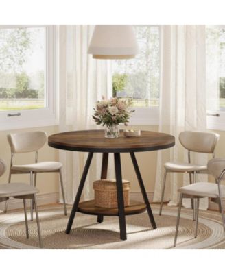 2-Tier Industrial Round Dining Table, Small Kitchen Dinner Table for 2-4 People, 35-Inch Circle Wood Kitchen Table