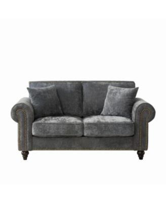 63" Modern 2-Seater Chenille Sofa, Rolled Arms, Nailhead Trim