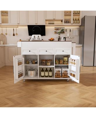 74.8" White Kitchen Island with Extendable Table, Power Outlet & Storage