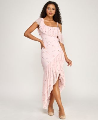 Juniors' Floral Embroidered Asymmetric Ruffle Hem Midi Dress